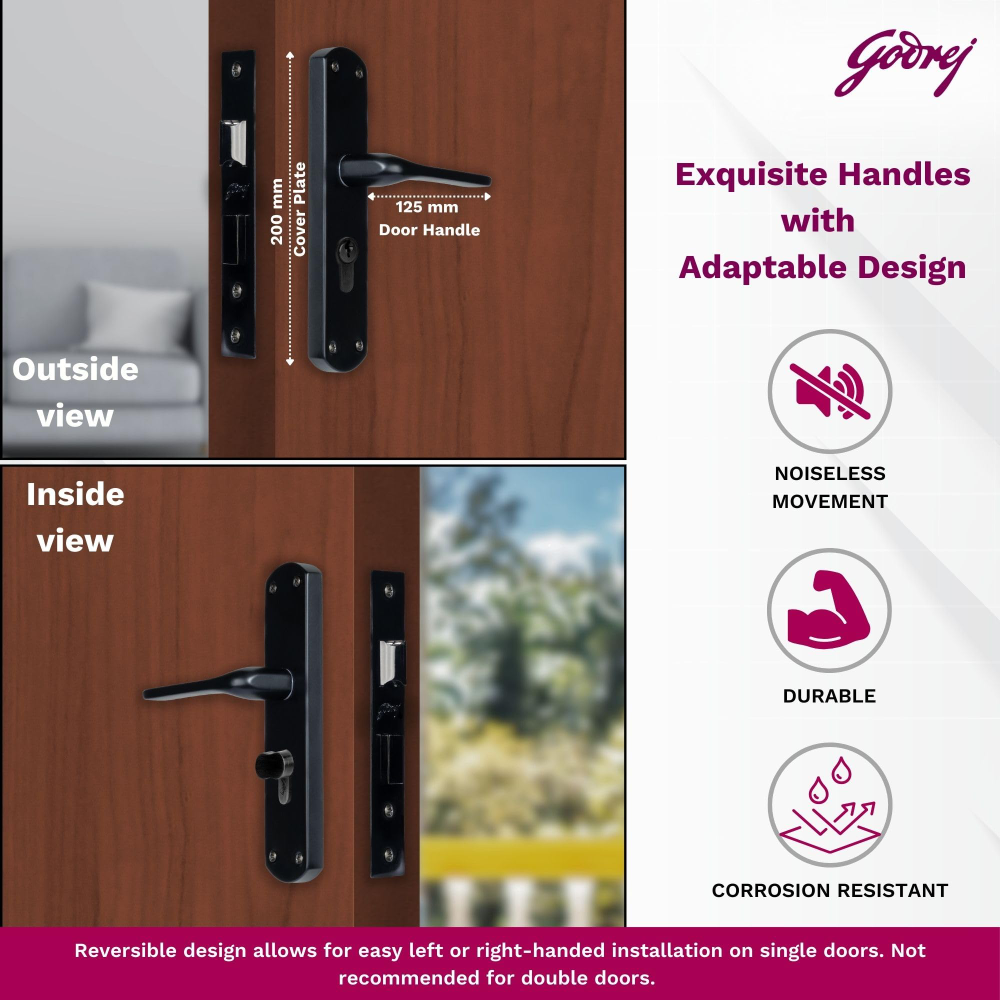 Godrej Mortise Lock I Handle Set 1CK EM02 I Matt Black Finish I 6-Lever Lock I 3 Keys I Double Throw I 5